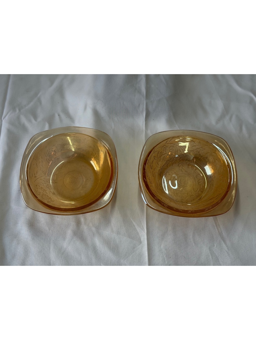 Federal Sharon Cabbage Rose Golden Glo Amber Depression Glass Berry Bowls Set 2